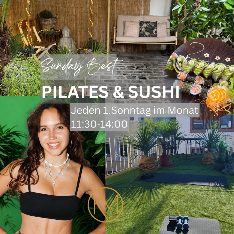 Kollage mit SUshi und unserem Garten/ Outdoor Space mit Holliwood schaukel in edenkoben. pilates outfit und bauchmuskeln curly girl und viel grün